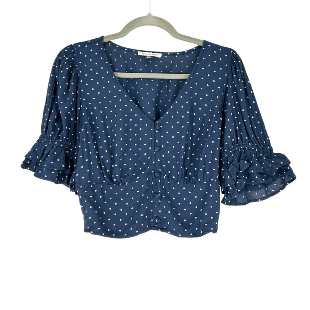 American Eagle Polka Dot Short Sleeve Button Front Cropped Top (Sample Piece)